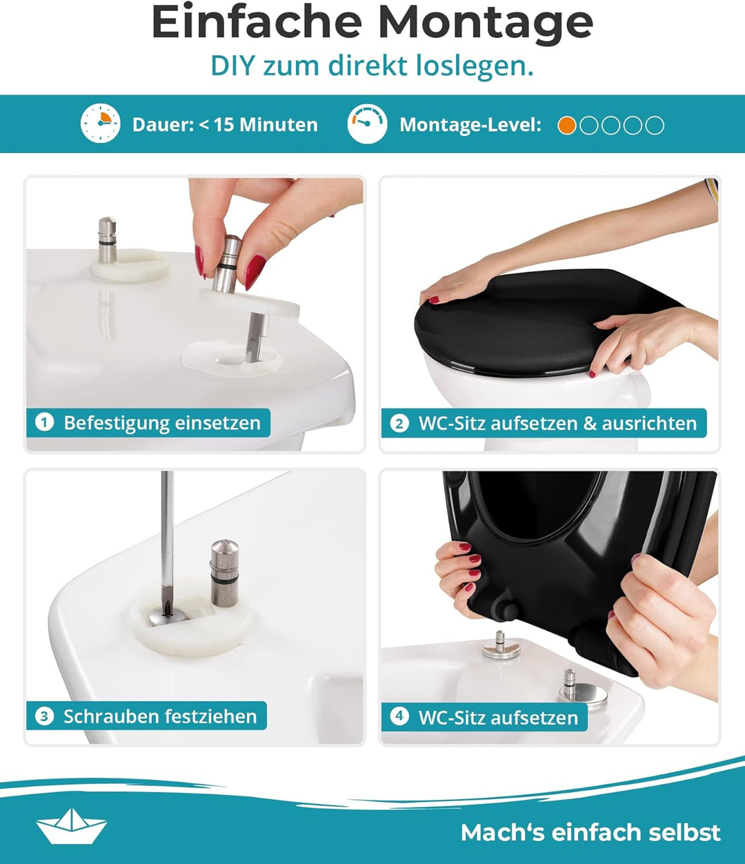 Calmwaters® Premium WC Sitz einfache Montage, Toilettendeckel bis 250 kg, Made in EU, antibakteriell