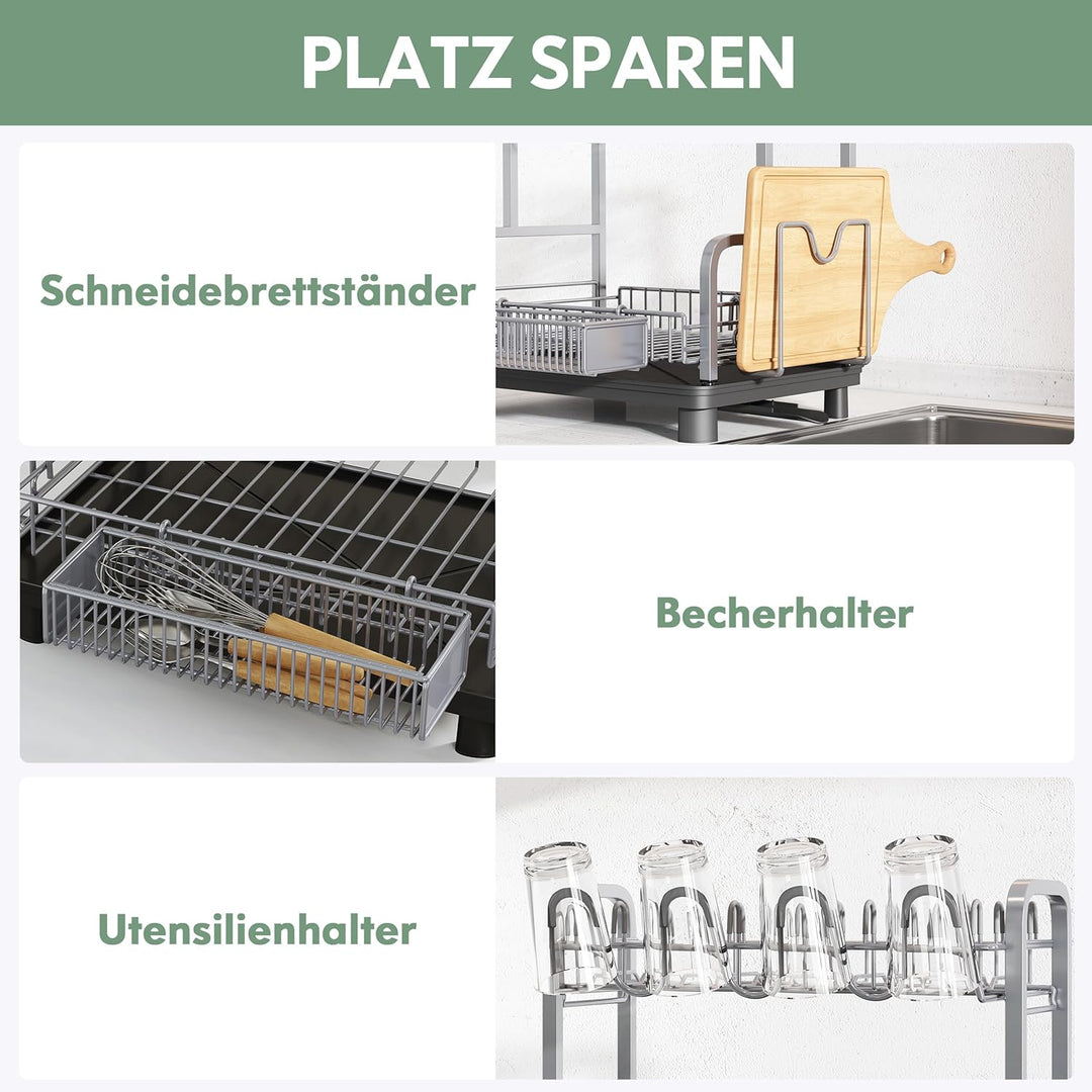 Boosiny Abtropfgestell Geschirr, 2-stöckiges Edelstahl-Geschirrabtropfgestell mit Abtropfschale, Ges
