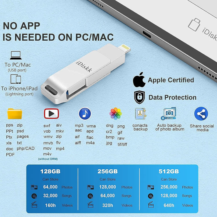 iDiskk 256 GB MFi-zertifizierter Fotostick für iPhone, USB-Stick für iPad mit Lightning Memory Stick