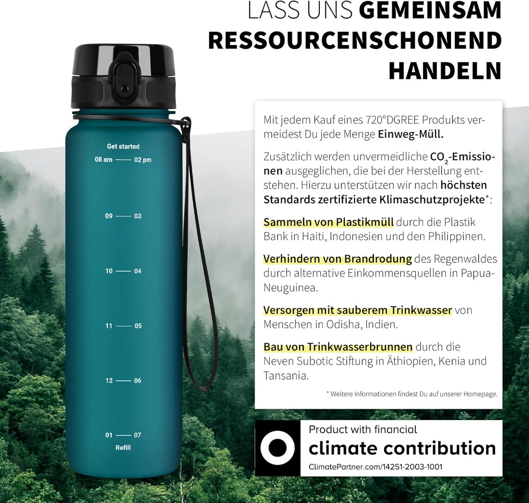 720°DGREE Trinkflasche 1l mit Motivationsskala “uberBottle“ +Sieb - BPA-Frei - Wasserflasche für Uni
