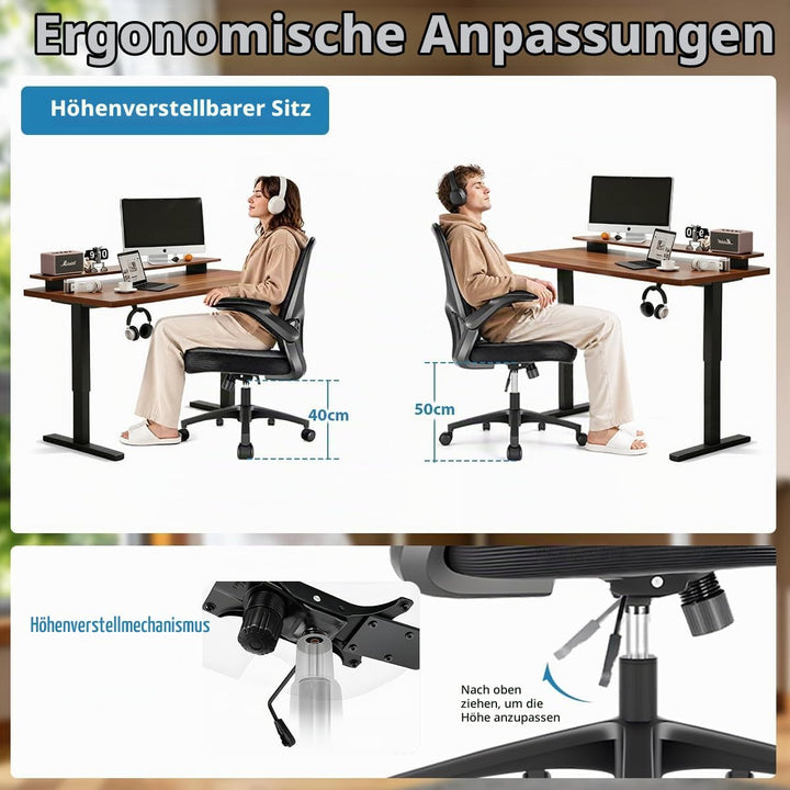 Durrafy Ergonomischer Bürostuhl, Schreibtischstuhl mit hochklappbaren Armlehnen, Verstellbarer Lende