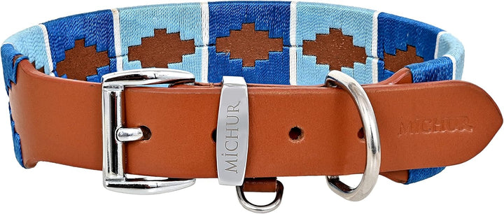 MICHUR Pippa Braun Blau Türkis Baumwollgarn Hundehalsband Leder, Lederhalsband Hund, Halsband, Leder