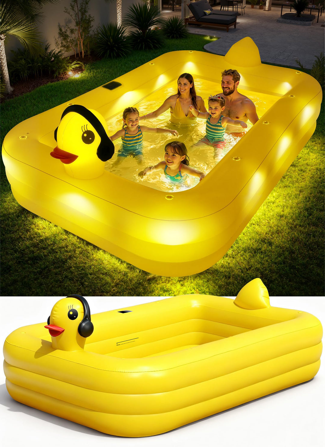 KingSom Aufblasbarer Pool mit Poolbeleuchtung, Solar Enten Planschbecken Gross für Kinder und Erwach