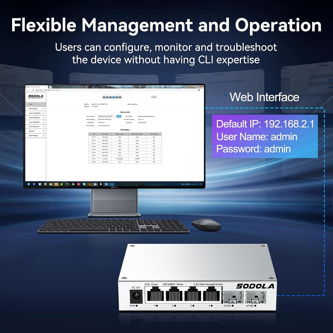 SODOLA 2.5Gbit Switch Managed,4 x 2.5G Base-T Ports, 2 x 10G SFP+ SL902-SWTGW124AS, SL902-SWTGW124AS