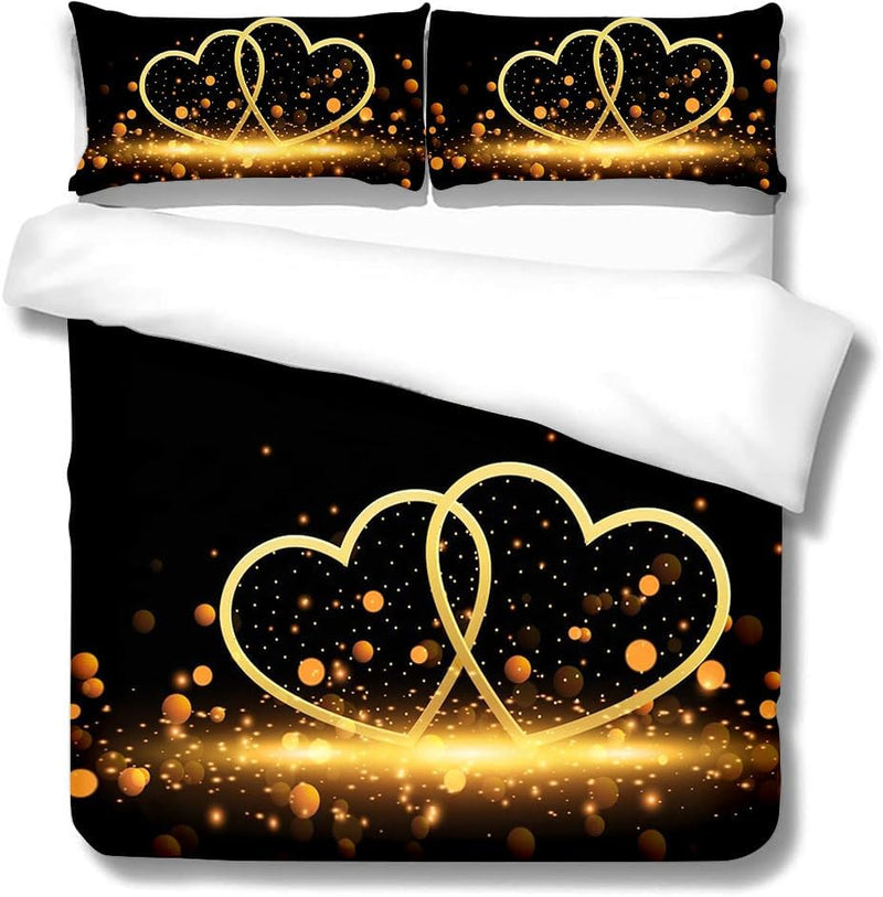 Freyamy 3D Herz Bettwäsche 135x200cm 4teilig Schwarz Gold Herzmotiv Liebe Luxus Bettwaren-Sets Mikro