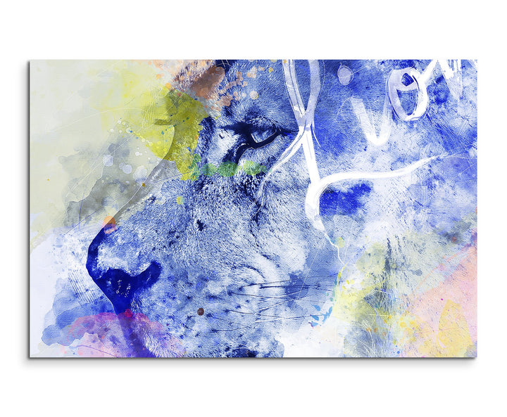Paul Sinus Art Bild Leinwand 120x80cm Wilder Löwe in Blautönen mit Kalligraphie, 120x80cm