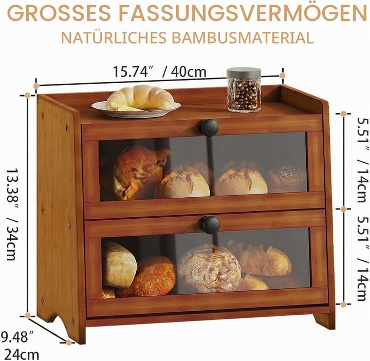 BAMBANG Gross Bambus Brotkasten für Küchentheke, 2 Stufe Bauernhaus Brotbox, Holz Brotkasten Brotauf
