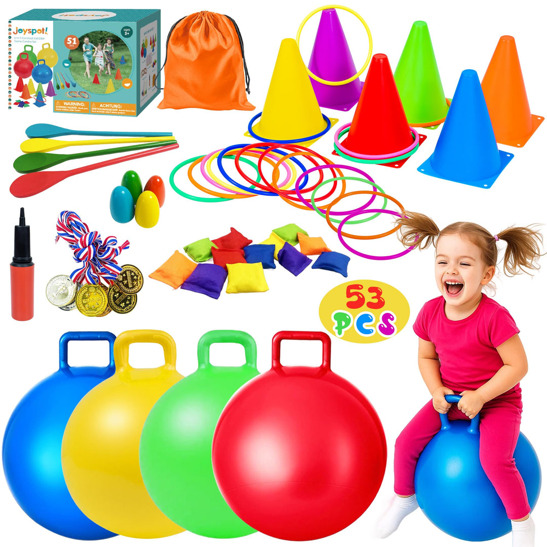 JOY SPOT! 5 in 1 Outdoor Spiele für Kinder, 53 Stück Indoor Spiezeug, 45cm Hüpfbälle &amp; Ringwurfspiel