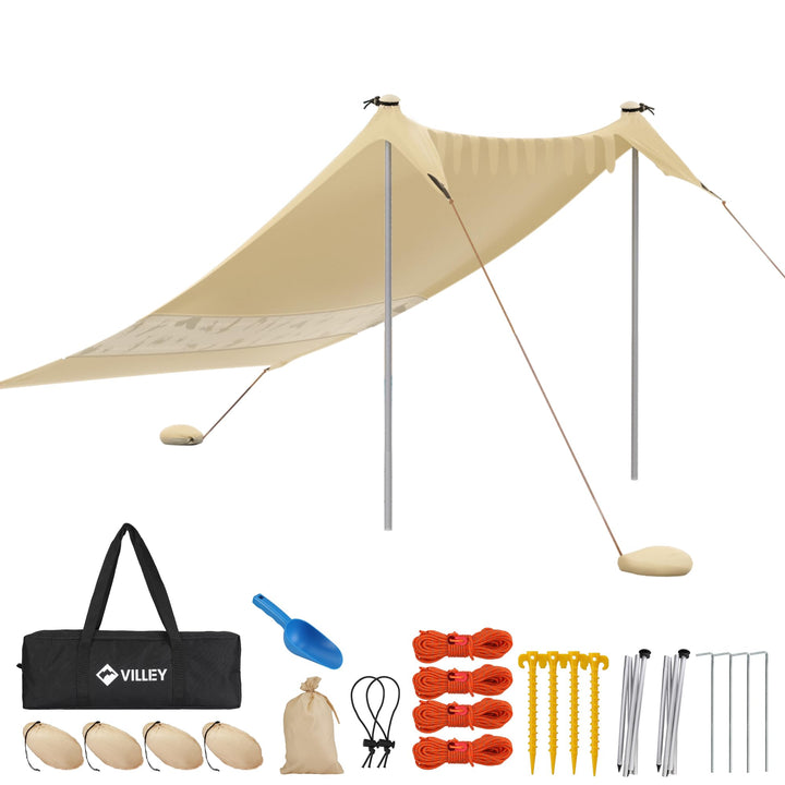 VILLEY Sonnenzelt 2m x 2,4m Khaki, UPF50+ UV Schutz Spandex Strandzelt für 3 Personen, Sonnenschirm