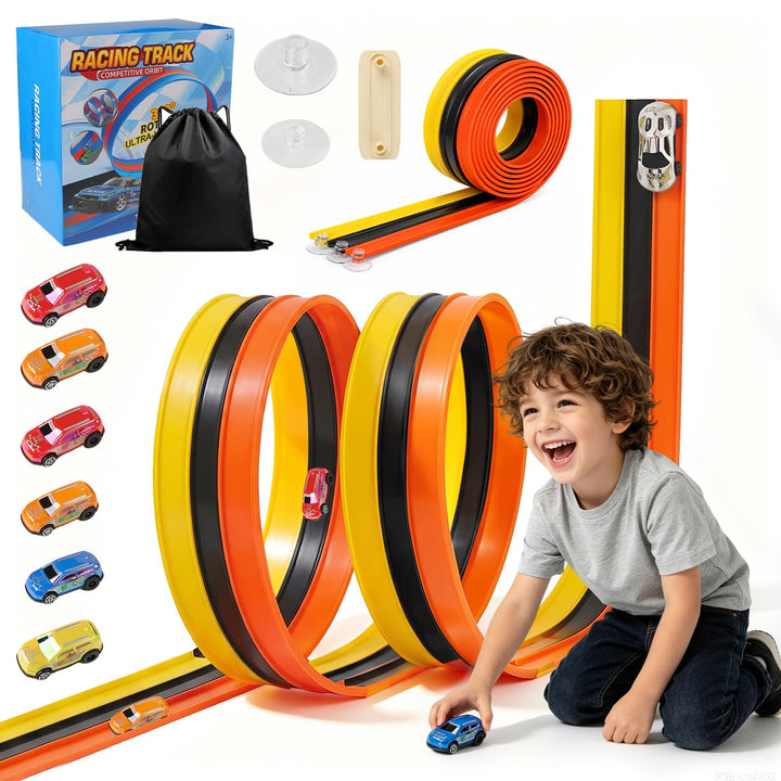 5M Flexible Autorennbahn Kinder, 3-in-1 Rennstrecke mit Rampen, Tragbare Rennbahn Flexibel mit 6 Aut