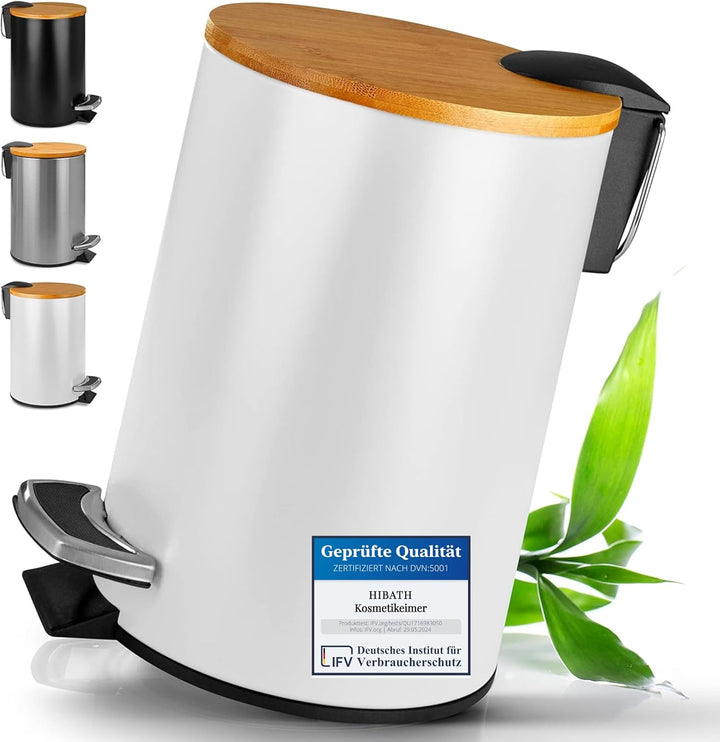 HIBATH® Kosmetikeimer mit Bambusdeckel - Badezimmer Mülleimer mit softclose Absenkautomatik - hochwe