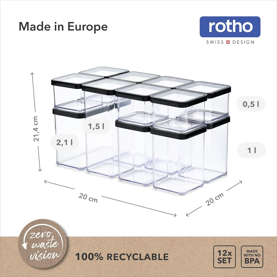 Rotho LOFT 12er-set Vorratsdosen mit Deckel, stapelbar, aromadicht, spülmaschinenfest, 40×20×21,4 cm