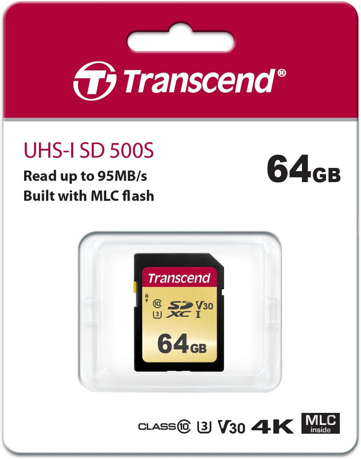 Transcend 64GB SDXC/SDHC 500S Speicherkarte TS64GSDC500S / bis zu 95 MBs lesen und 65 MBs schreiben