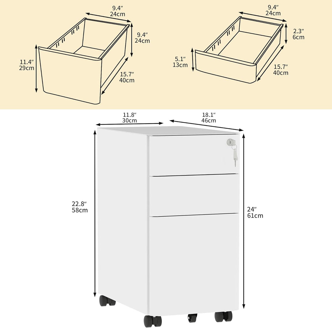 DWVO 3 verschliessbare Schubladen Metall Aktenschrank, Mobile Aktenschrank für Home Office, Unter Sc