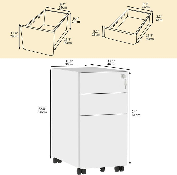 DWVO 3 verschliessbare Schubladen Metall Aktenschrank, Mobile Aktenschrank für Home Office, Unter Sc