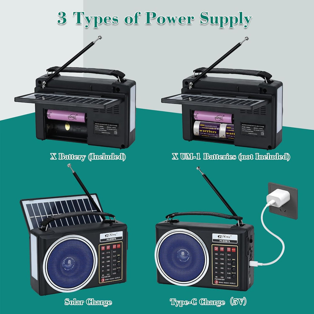 Tragbares Retro-Radio, kompaktes AM/FM/SW-Bluetooth-Radio mit Solarpanel, tragbare LED-Beleuchtung,