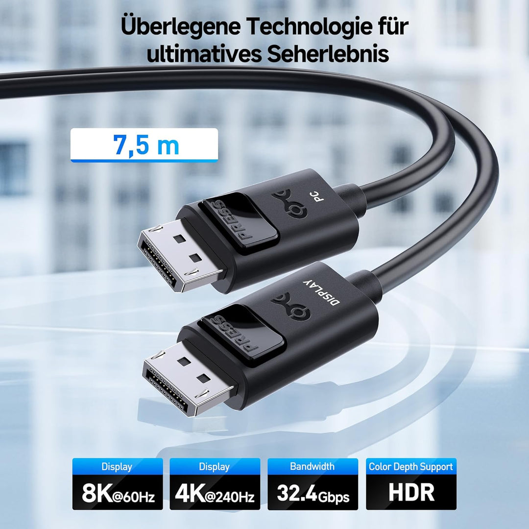 Cable Matters unidirektionales aktives DisplayPort Kabel 1.4-7,5m (DisplayPort 1.4 Kabel, DP Kabel)