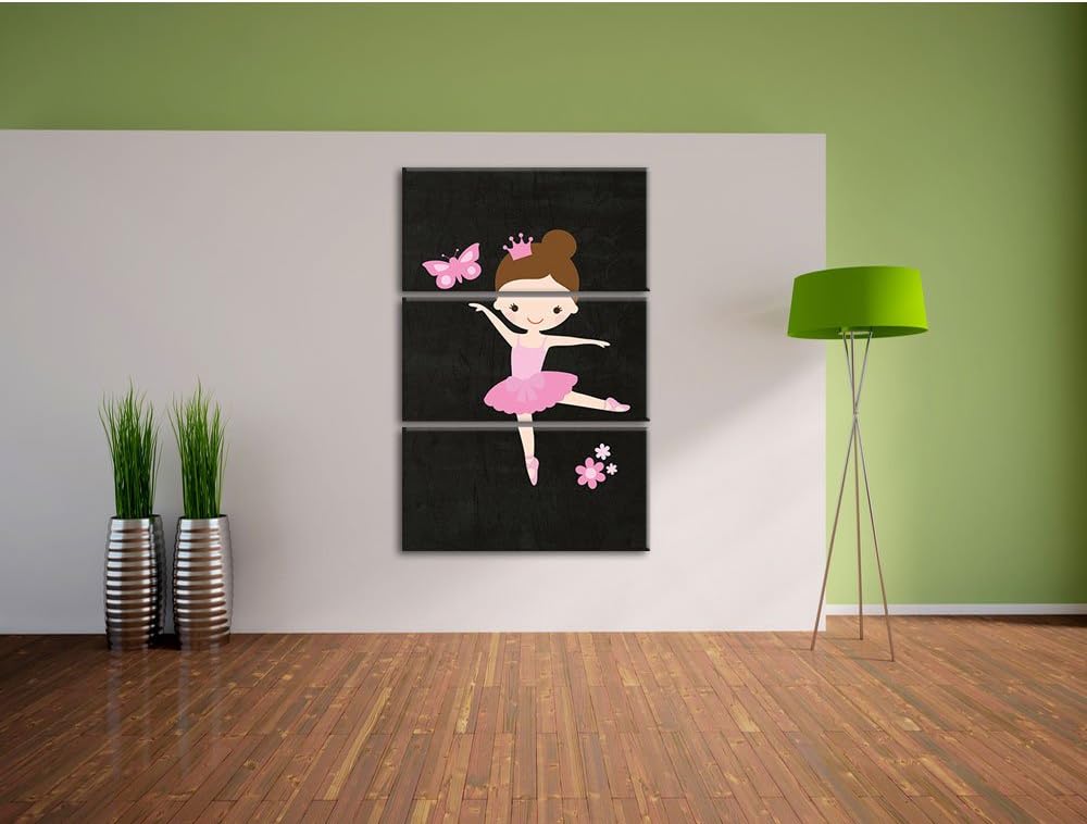 Pixxprint Ballerina mit Schmetterling und Blumen schwarz 3-Teiler Leinwandbild 120x80 Bild auf Leinw