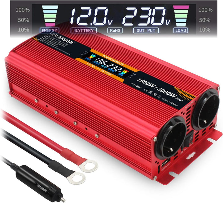 Spannungswandler 12V 230V 1500W 3000W Peak Wechselrichter LCD | stromumwandler mit 2 Steckdose USB -