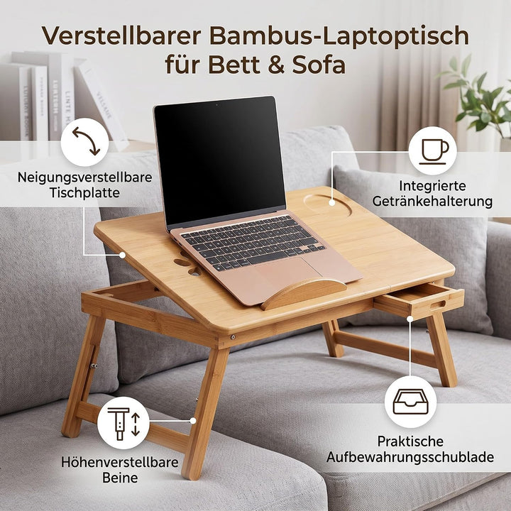 Laptoptisch als Tabletttisch fürs Bett oder Sofa aus Holz, Höhenverstellbarer Laptoptisch mit Schubl