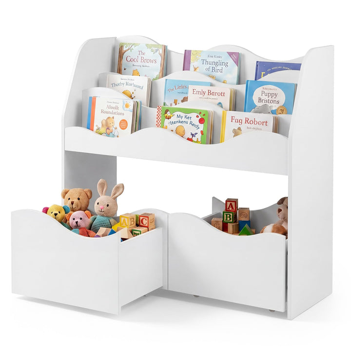 COSTWAY Kinderregal mit 2 Boxen auf Rollen (Weiss) | Bücherregal Kinder mit 3 wellenförmigen Ebenen,