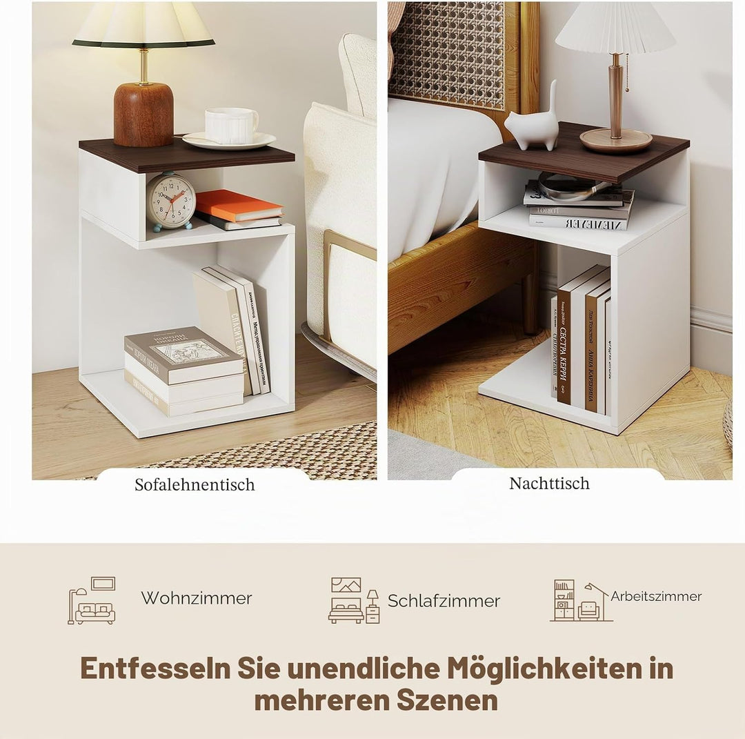 LIFEZEAL Beistelltisch S-Form, Multifunktionaler Sofatisch, Kleines Bücherregal mit 3 Etagen, Modern