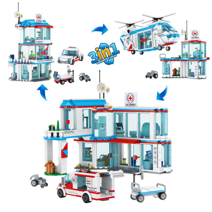 QLT QIAOLETONG City Krankenhaus 3 in 1 Baustein Set, Kompatibel Mit Lego Krankenhaus, inklusive Rett