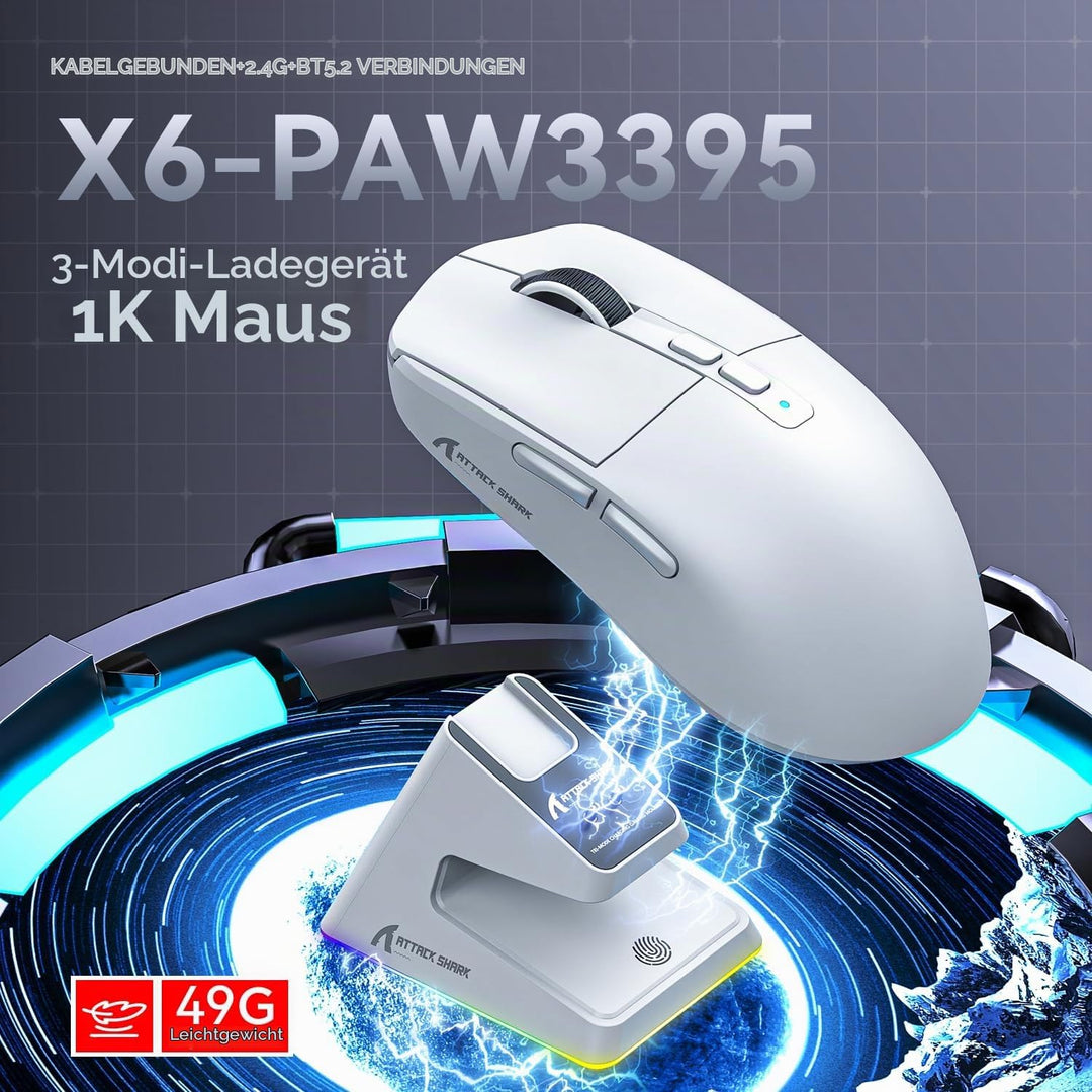 ATTACK SHARK X6 49g Superlight Maus mit magnetischer Ladestation, PixArt PAW3395 Gaming-Sensor, BT/2