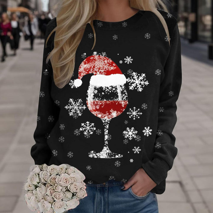 Weihnachtspullover Damen Weinglas Schneeflocken Druck Langarmshirt Farbverlauf Weihnachtspulli Chris