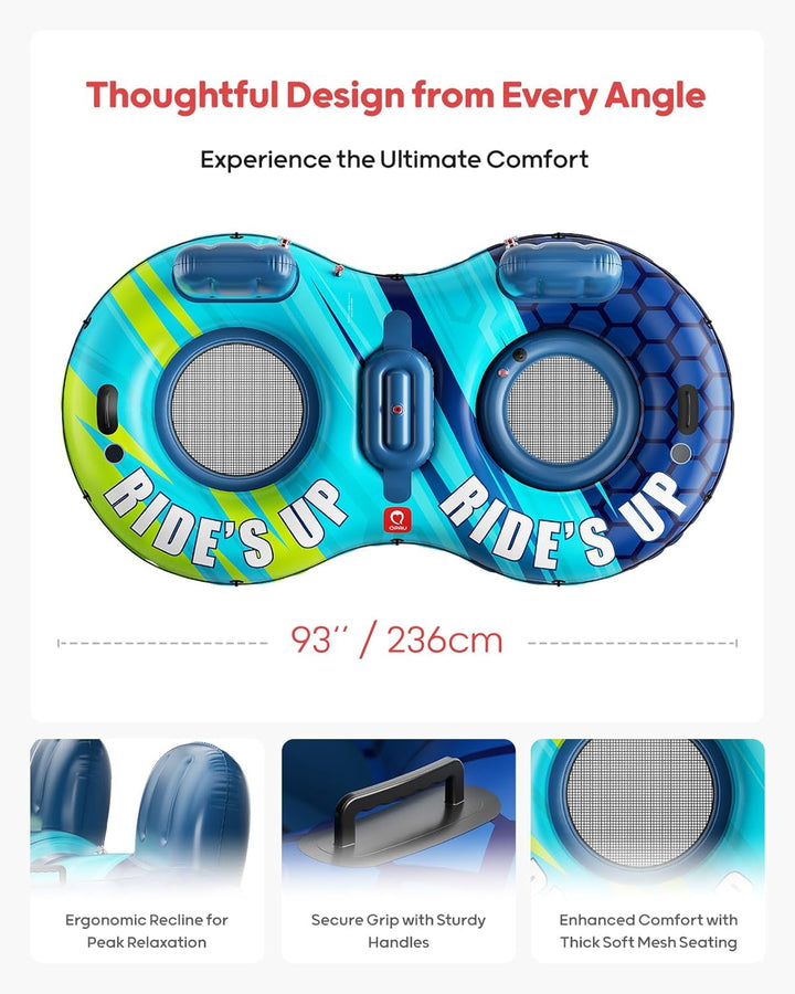 'QPAU Inflatable Double River Tube, 2 Person 660lb Capacity, Puncture-Resistant 93'' Sturdy Heavy Du