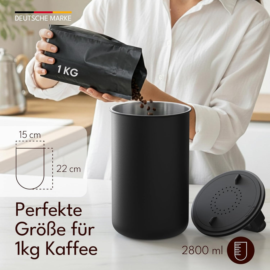 Kaffeedose luftdicht für 1 kg Kaffeebohnen mit Vakuumdeckel (Behälter für Kaffee, Tee, Edelstahl Dos