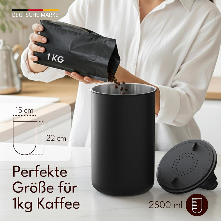 Kaffeedose luftdicht für 1 kg Kaffeebohnen mit Vakuumdeckel (Behälter für Kaffee, Tee, Edelstahl Dos