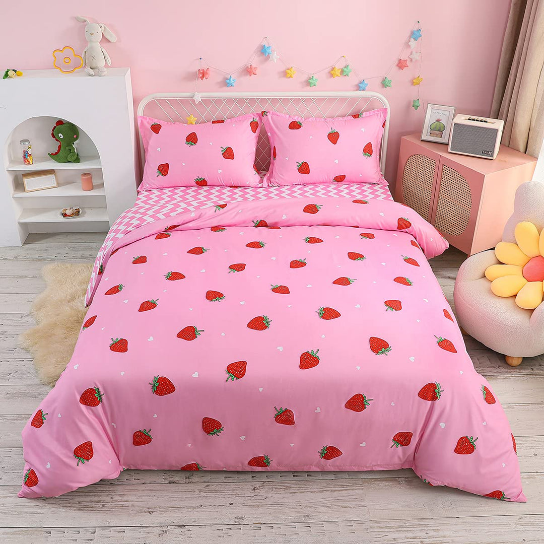 Loussiesd Erdbeere Bettwäsche Set 200x200cm für Kinder Mädchen Frauen Rosa Bettwäsche Erdbeere Muste