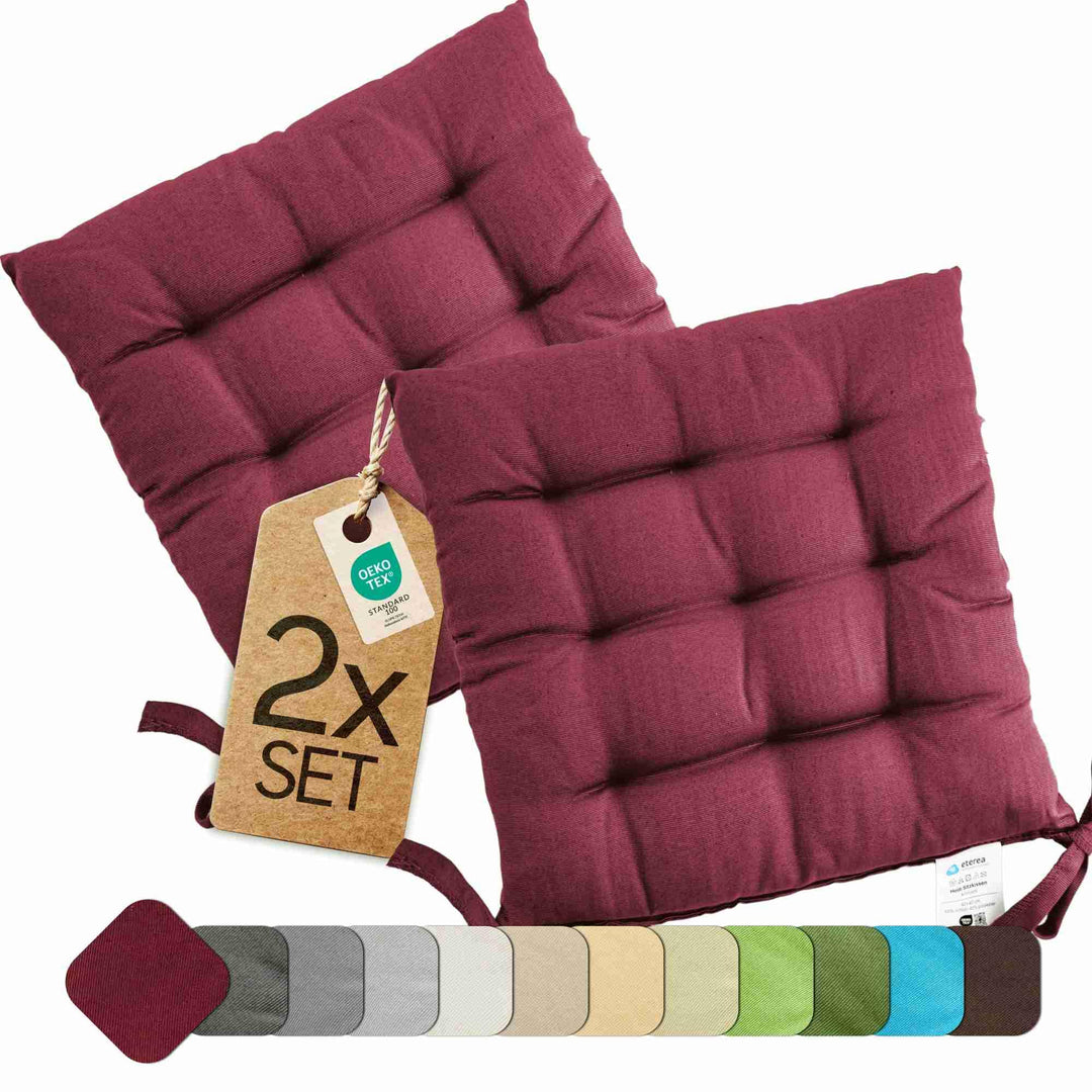etérea 2er Set Sitzkissen Outdoor 40x40 mit Bändern - Stuhlkissen Bordeaux für Gartenstuhl &amp; Innenbe