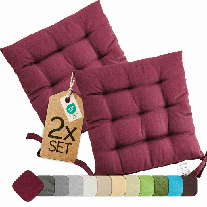 etérea 2er Set Sitzkissen Outdoor 40x40 mit Bändern - Stuhlkissen Bordeaux für Gartenstuhl &amp; Innenbe