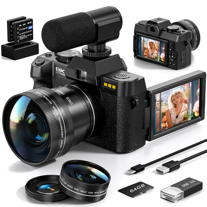 64MP Digitalkamera 8K für Fotografie & Vlogging, 180° Flip Screen Kamera mit WiFi, 16X Zoom, Externe