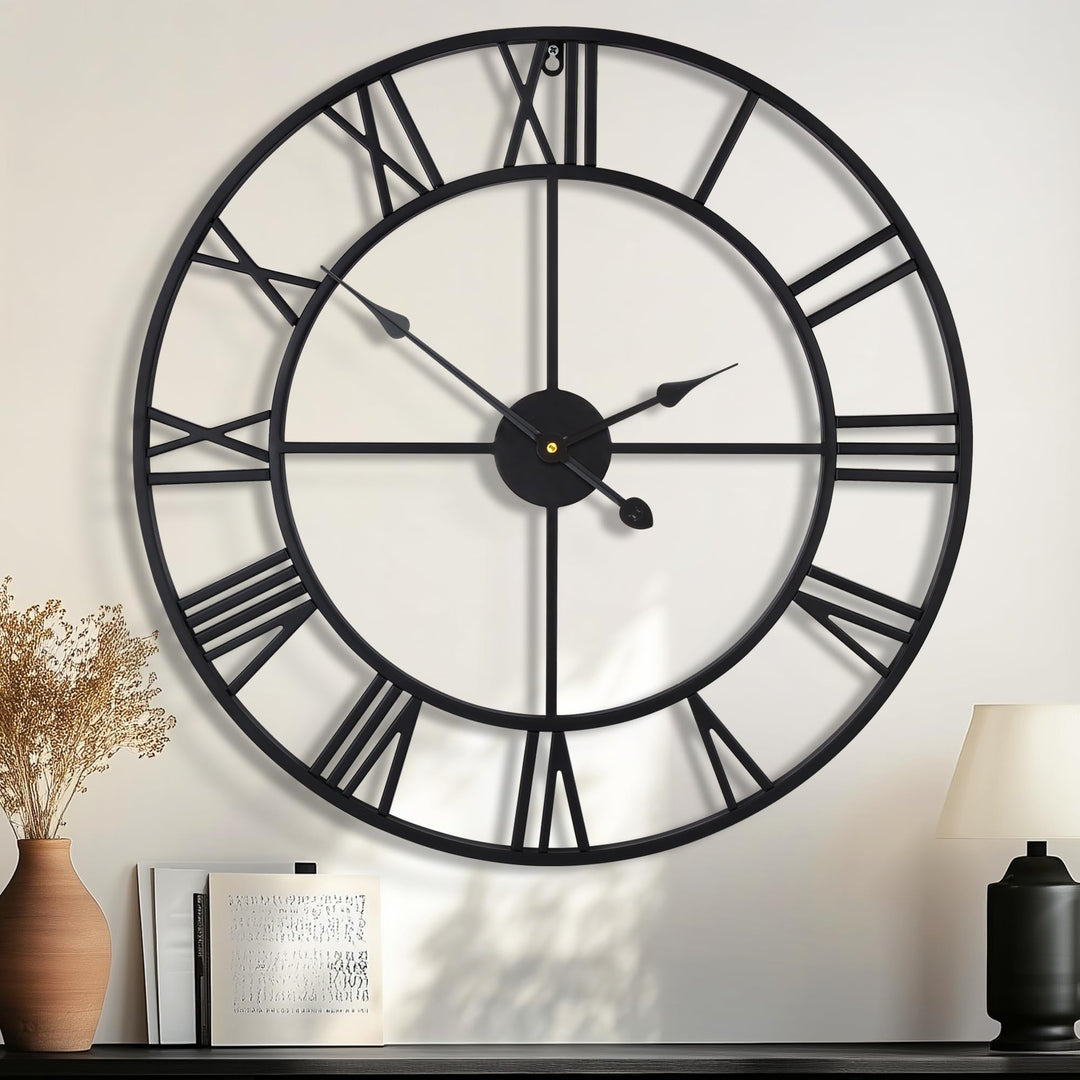 HAITANG 80cm grosse Wanduhr, übergross modernes rundes, schwarz Metall geräuschlos, Fast Nicht ticke
