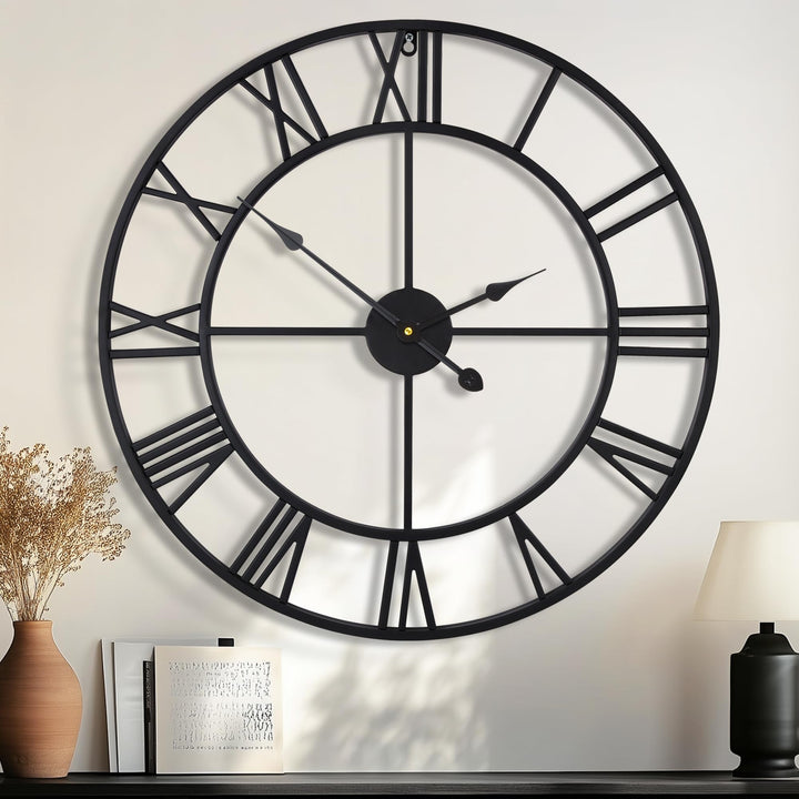 HAITANG 80cm grosse Wanduhr, übergross modernes rundes, schwarz Metall geräuschlos, Fast Nicht ticke