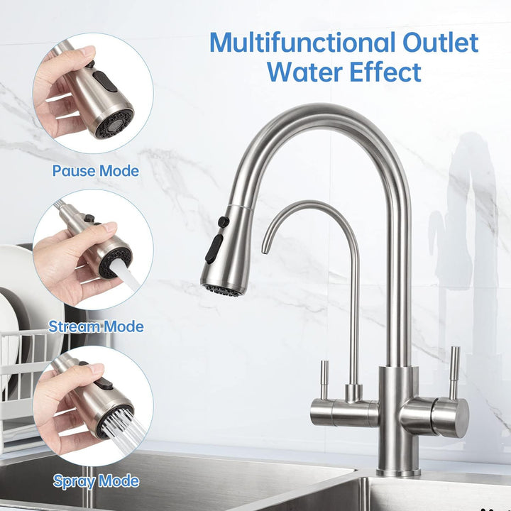 3 Wege Wasserhahn Edelstahl, 360° Drehbar Trinkwasserhahn mit Ausziehbarer Handbrause, 3 in 1 Küchen