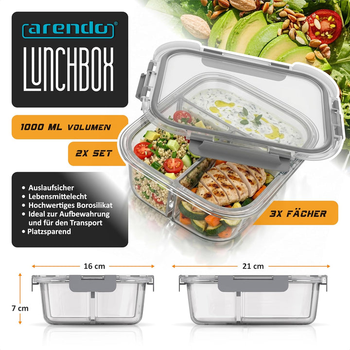 Arendo - Lunchboxen Glas - 3 Fächer - Frischhaltedosen für Lebensmittel mit Deckel luftdicht - 2er S