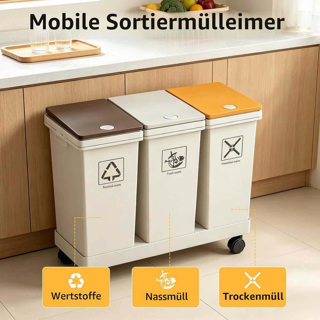 3-er Mülleimer-Set, 3 X 12L Küche Mülltrennsystem mit Standfuss | Abnehmbarer Differenzierter Abfall