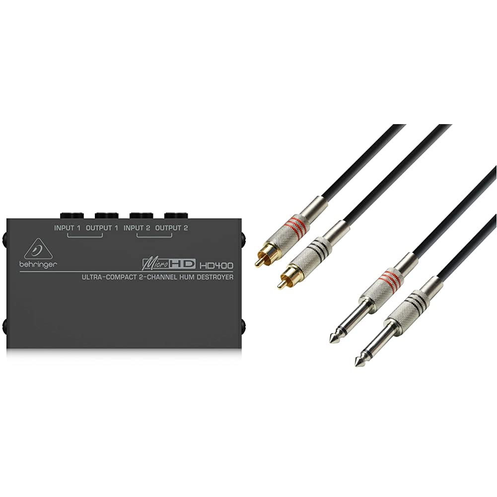 Behringer MICROHD HD400 Ultrakompakter 2-Kanal Brummzerstörer Bundle mit 2 x Cinch male auf 2 x 6,3m