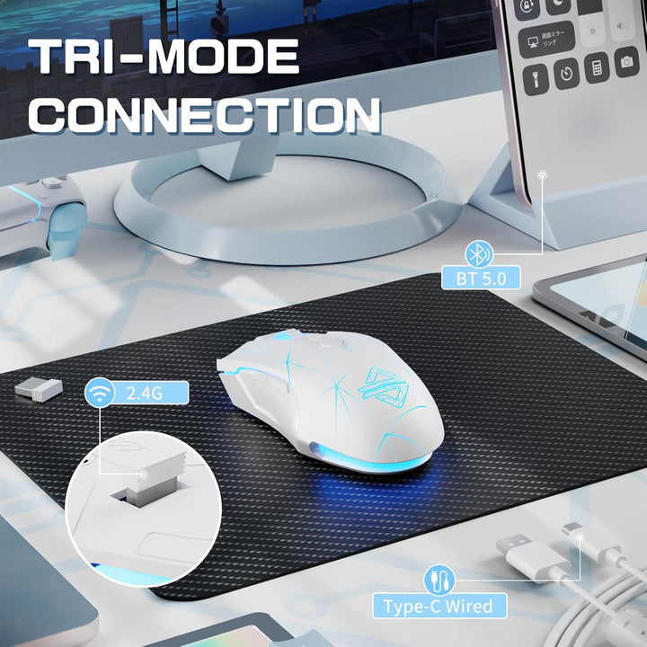 AJ52PRO Wireless Gaming Maus, 10K DPI Sensor, Tri Mode, kabellos - RF2.4G/BT5.0/USB Wired, Rainbow B