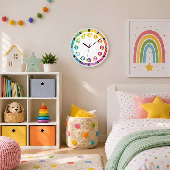 K&L Wall Art Lautlose Kinder Wanduhr Regenbogen Lernuhr für Mädchen und Jungen Kinderwanduhr 30cm Du
