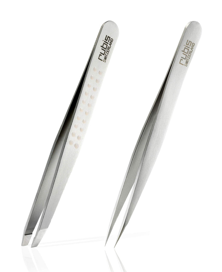Rubis Pinzetten Set - Augenbrauenpinzette schräg und Splitterpinzette mit spitzer Spitze aus Edelsta