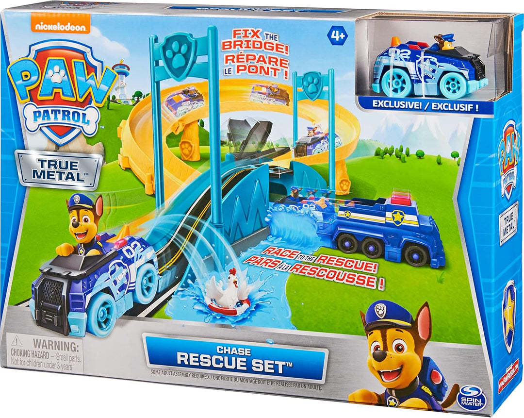 PAW PATROL True Metal Chases Police Rescue Rennstrecken-Set mit Metall-Fahrzeug von Chase, Massstab