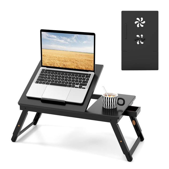 COSTWAY Bambus Laptoptisch klappbar, Notebooktisch höhenverstellbar & neigbar & belüftet, Lapdesk mi