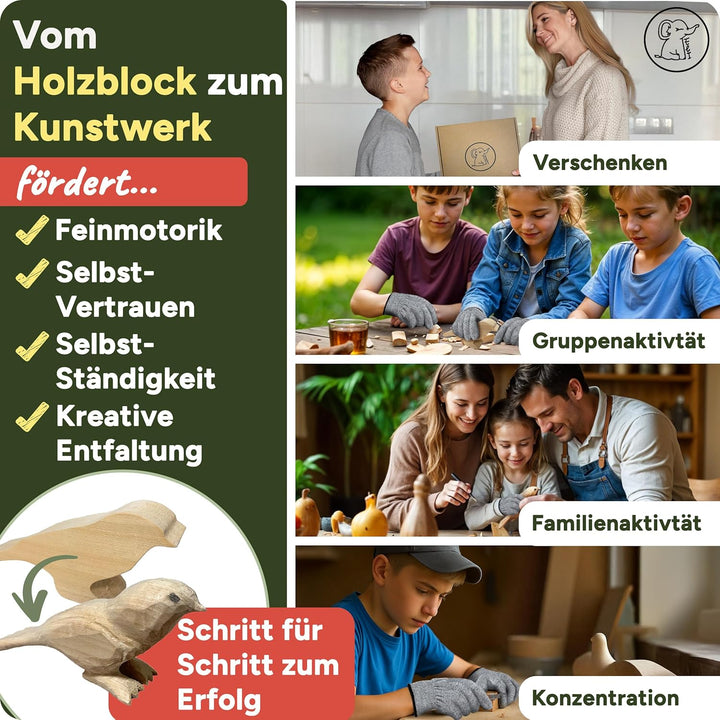 Eli® Schnitzset für Kinder (17-teilig) inkl. Schnitzanleitung - Rohling aus Holz Vogel - 12 hochwert