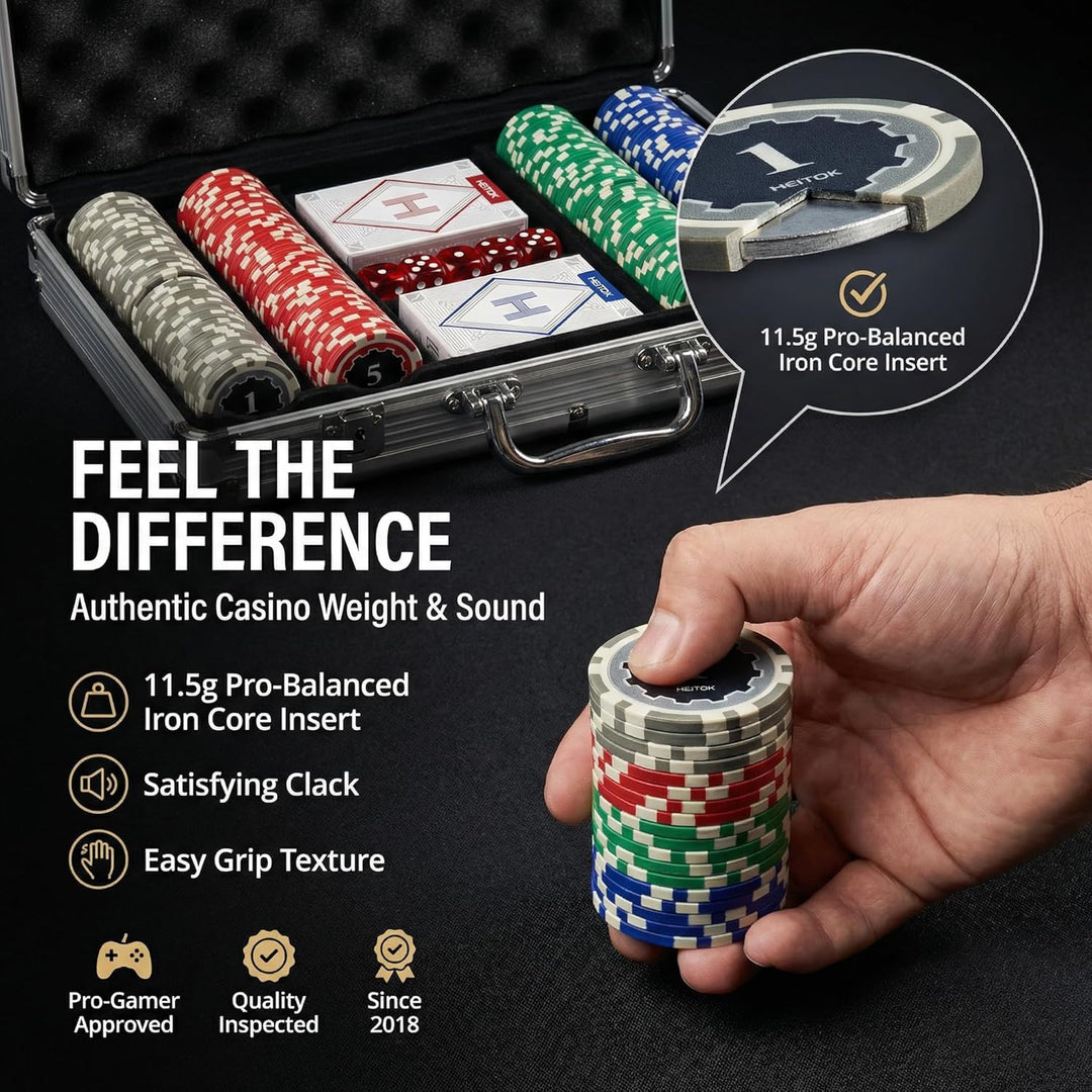 Pokerkoffer Set für Zuhause – 1000 Pokerchips (11,5g Eisenkern) inkl. Spielkarten & vollständigem Zu