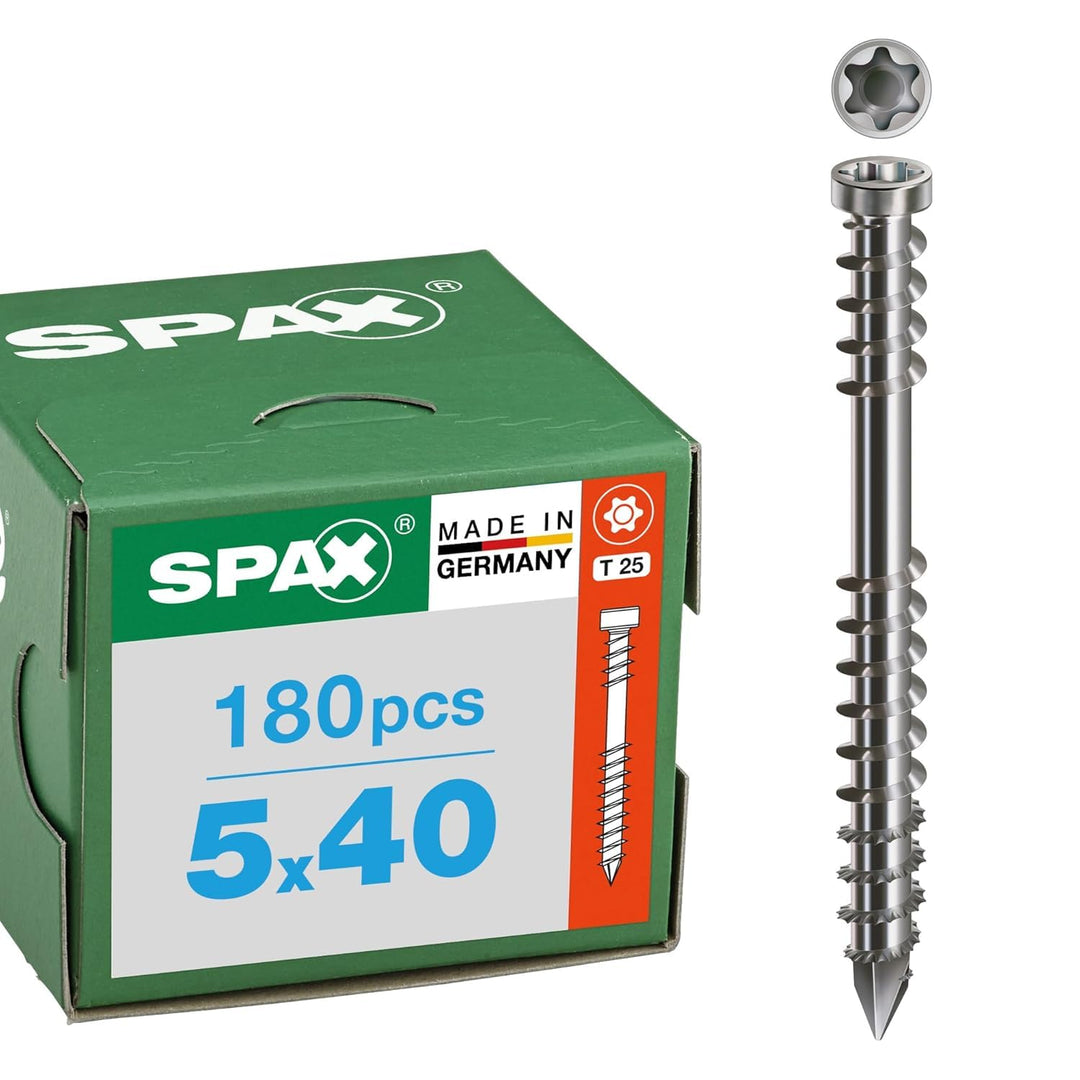 SPAX Terrassenschraube, 5 x 40 mm, 180 Stück, Fixiergewinde, Zylinderkopf, T-STAR plus T25, CUT-Spit